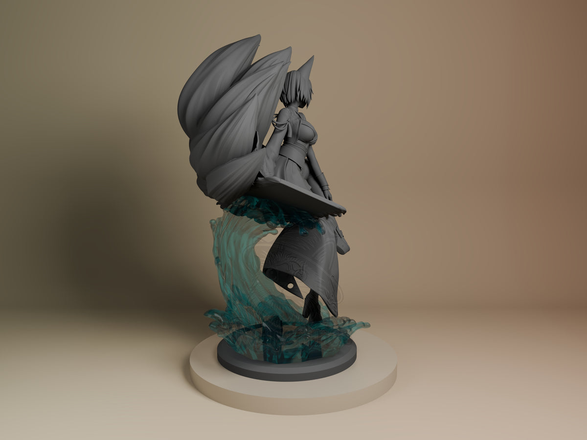 Kaga from Azur Lane 2 resin figure shown from back, featuring large winged form with painted teal base details, gray unpainted upper body, on white circular base.