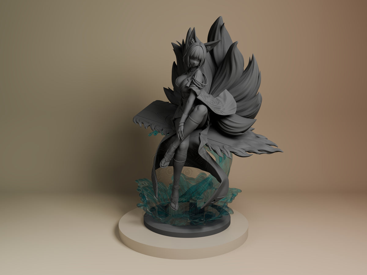 Kaga from Azur Lane 2 resin figure shown from front, seated pose with large wings, painted gray with teal crystal base details on white base.