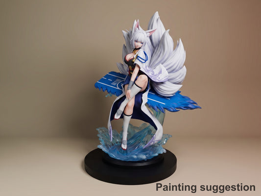 Kaga from Azur Lane painted resin figure standing on blue water base, white hair and wings, black outfit, dynamic pose.