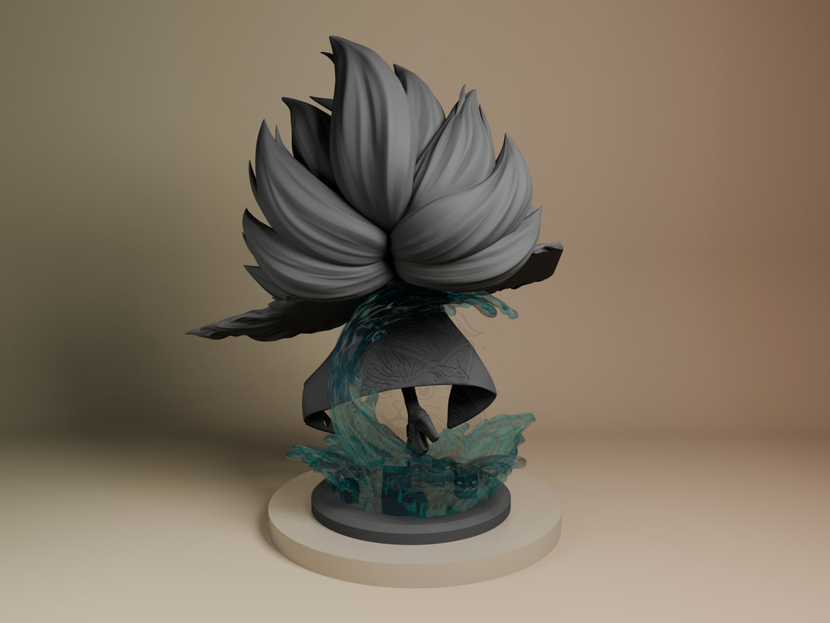 Kaga from Azur Lane 2 resin figure shown from left angle, featuring gray petals and black dress with teal painted accents on translucent base.