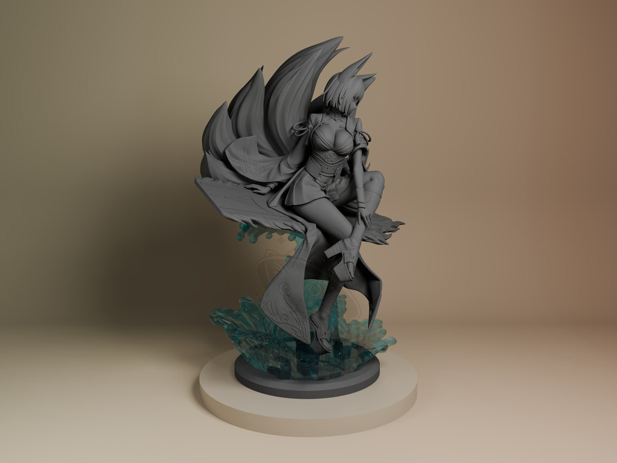 Kaga from Azur Lane 2 resin figure viewed from the right, showing unpainted gray torso with painted teal crystal base and dynamic winged pose.