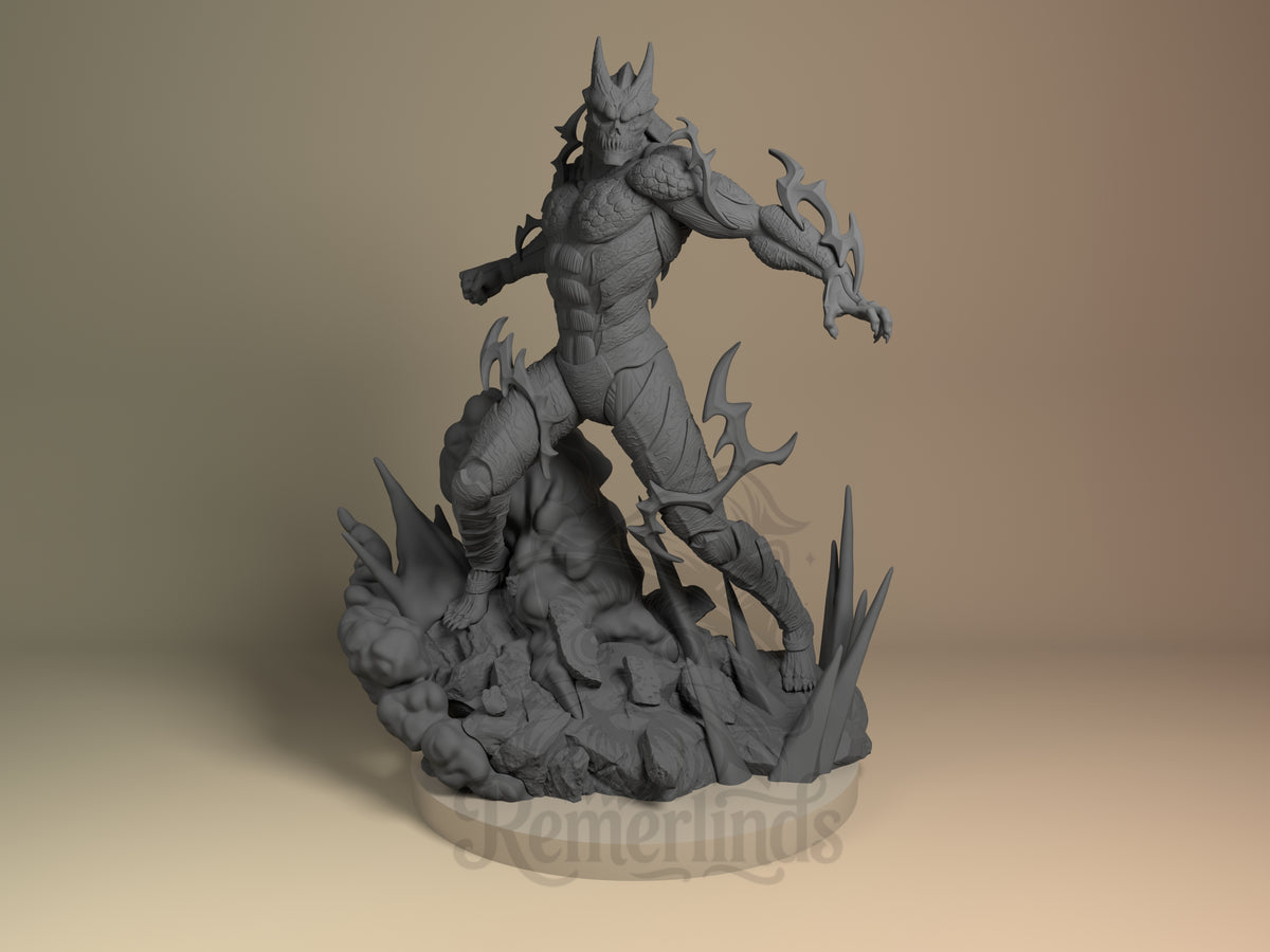 Number Eight Colossus Titan Monsters 3D printed resin figure by Nomnom, unpainted front view. The figure depicts Number Eight Colossus from the Kaiju No. 8 series in a strong, battle-ready stance. The character's muscular form is detailed with scaled armor and dynamic flame-like energy extensions that add a sense of power and movement. The rocky, jagged base complements the figure's imposing presence, creating an overall dramatic and intense composition.