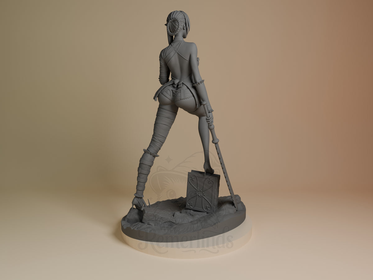 Back view of Kainé from NieR: Automata, an unpainted resin figure with sword and sculpted base.