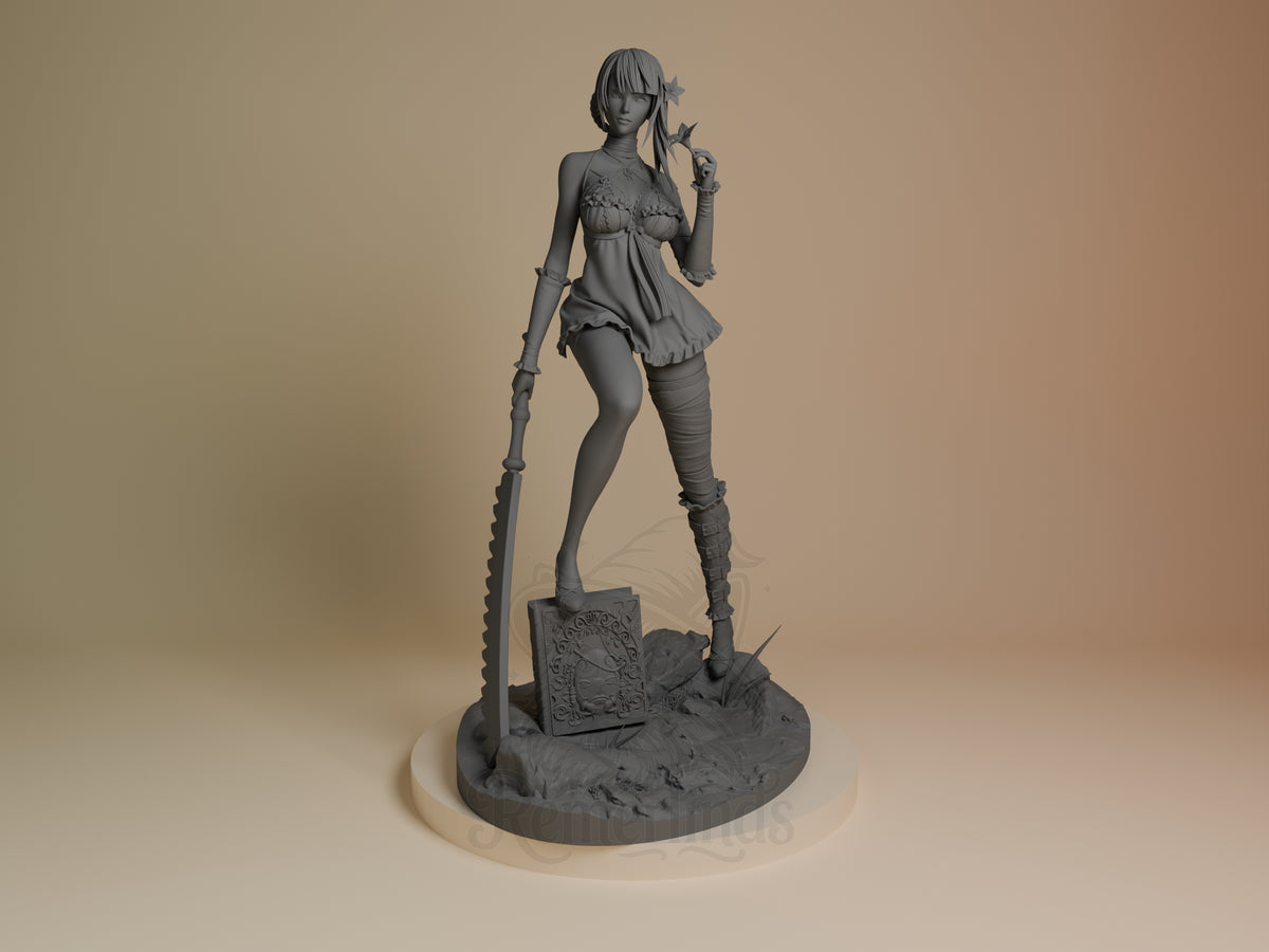 Front view of Kainé from NieR: Automata, an unpainted resin figure holding a sword on a sculpted base.