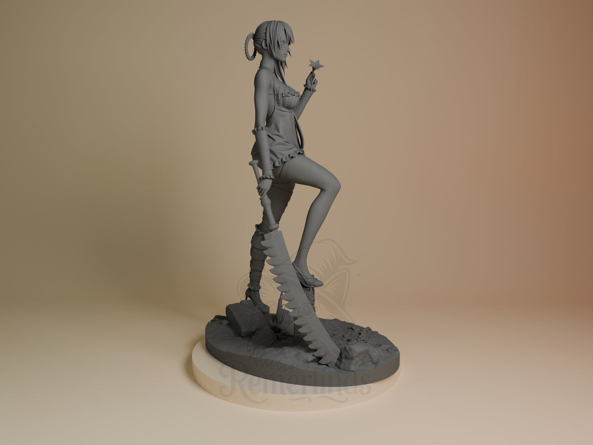Kainé from NieR: Automata is an unpainted resin figure in right profile with a flower, sword, and rocky base.