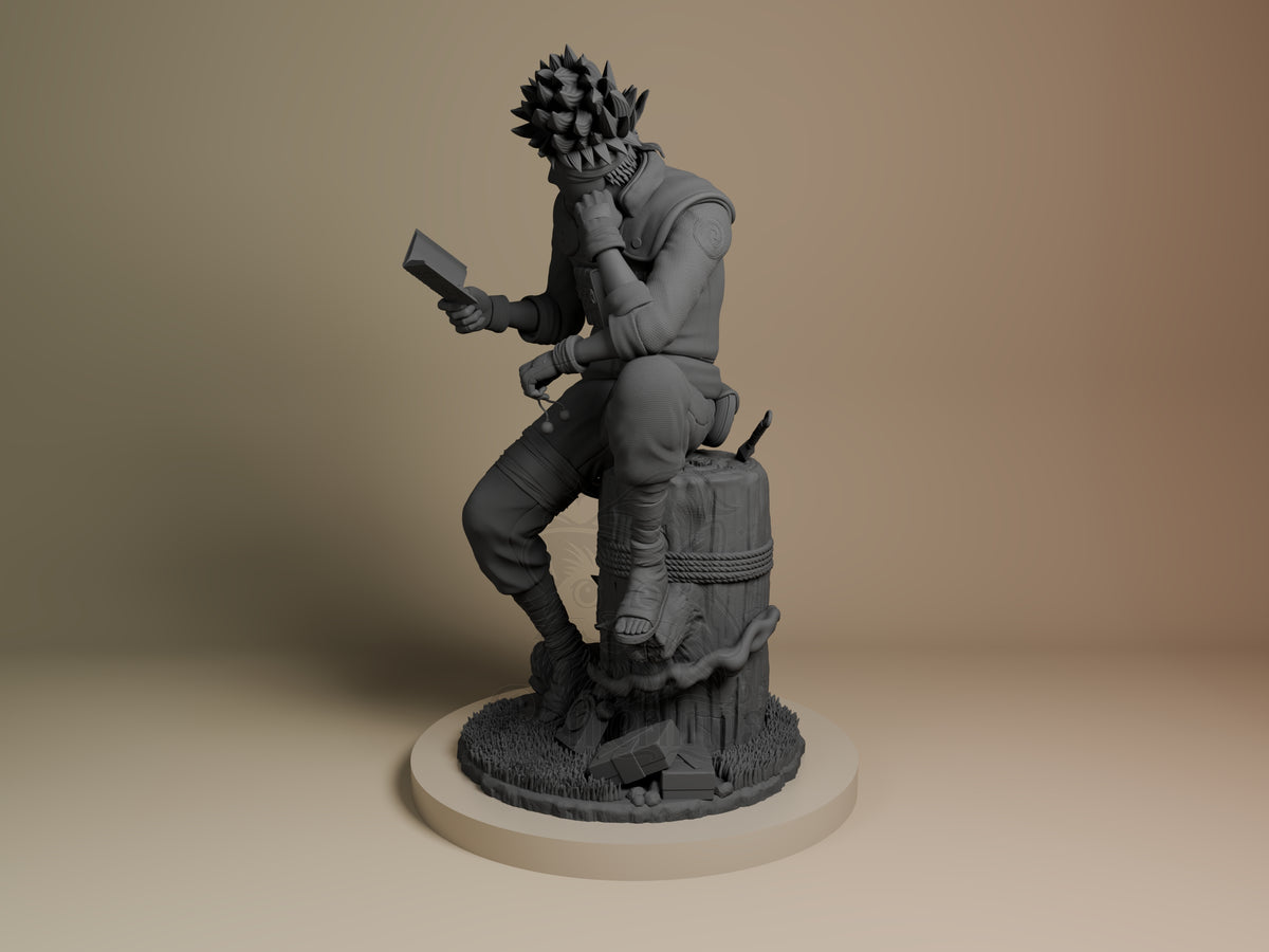 Masked Ninja from Naruto is an unpainted resin figure in side view, crouching on a barrel base.