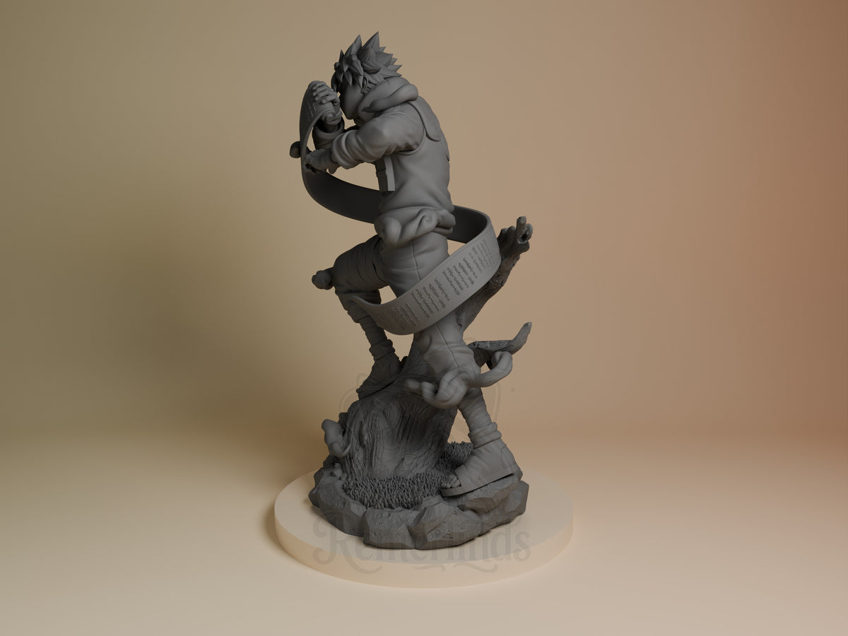 Side-angle unpainted resin figure of Masked Ninja from Naruto crouching with scroll on sculpted base.