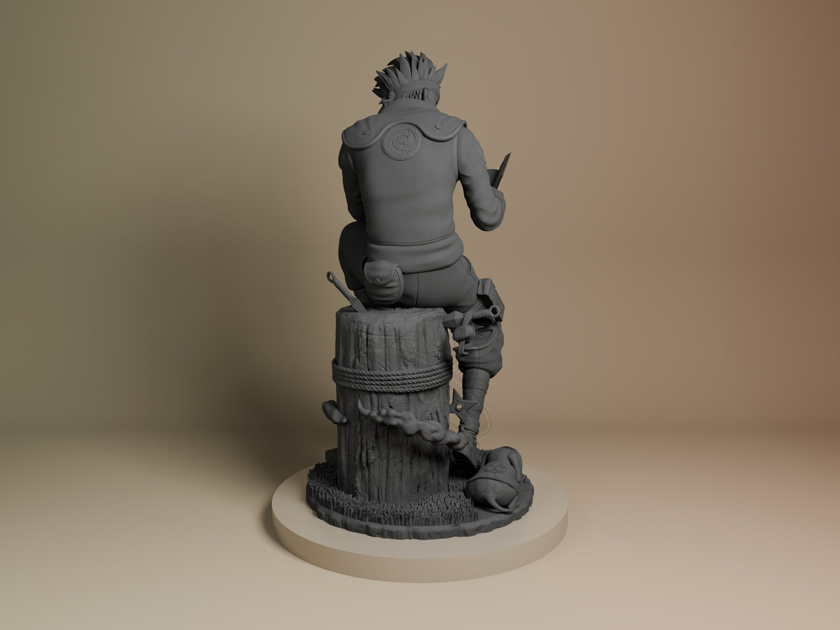 Back view shows Masked Ninja from Naruto, an unpainted resin figure on a sculpted stump base.