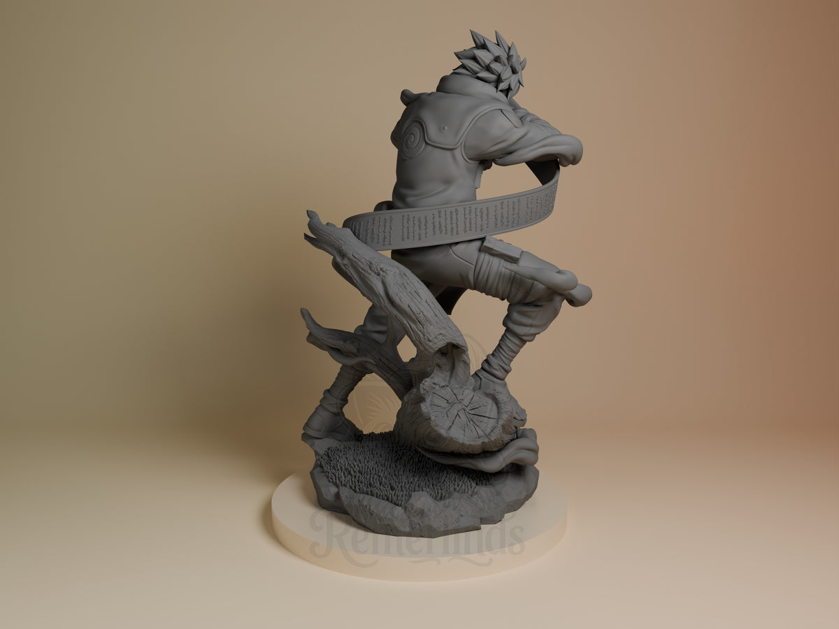 Back three-quarter view of the unpainted Masked Ninja from Naruto resin figure on a sculpted tree-stump base.