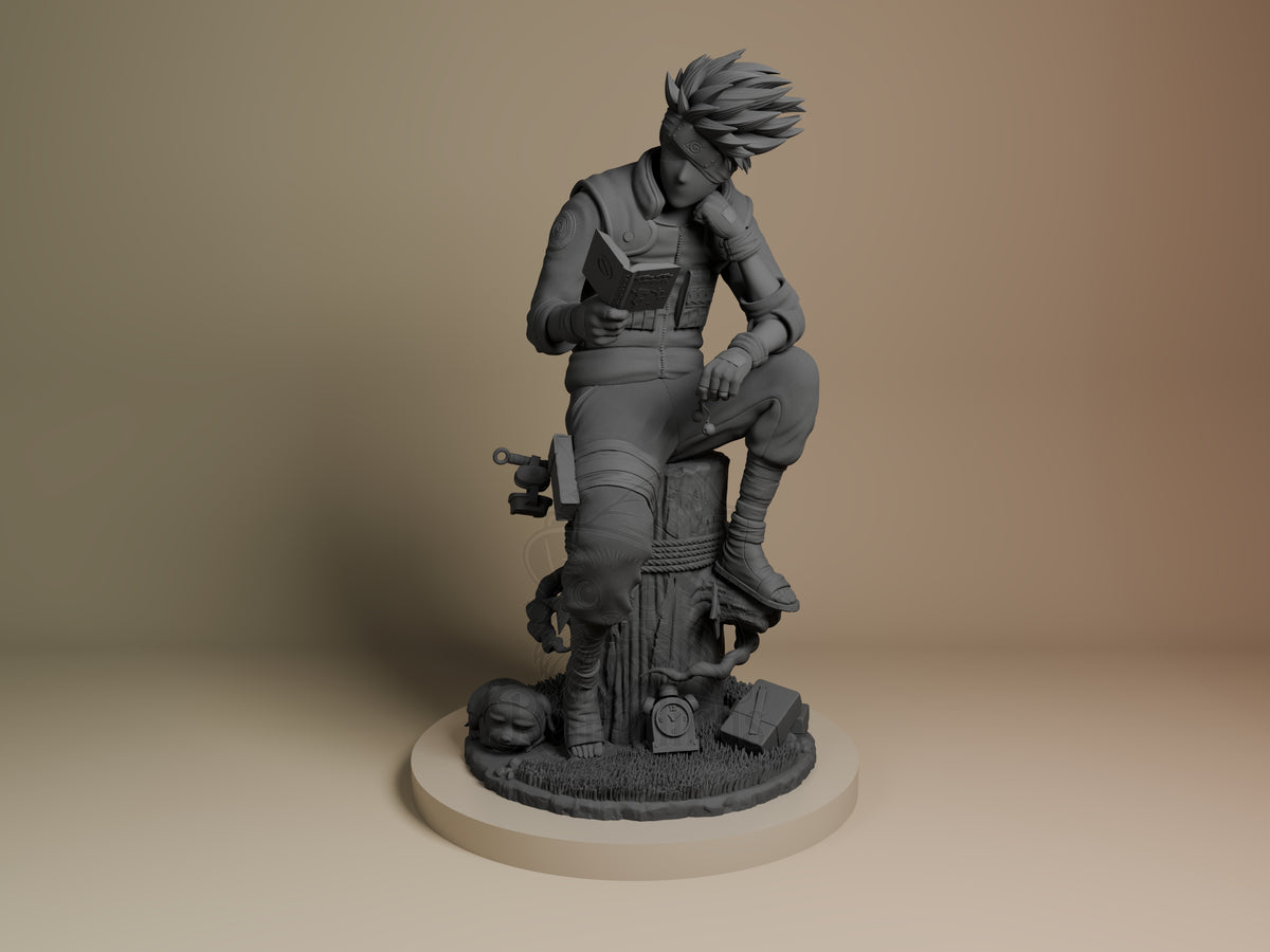 Masked Ninja from Naruto is shown front-facing as an unpainted resin figure on a sculpted base.