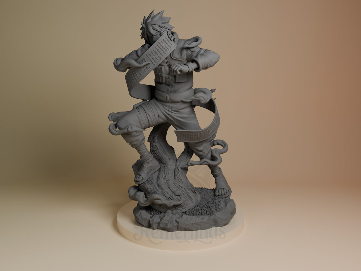 Front view of Masked Ninja from Naruto, an unpainted resin figure posed on a tree base.