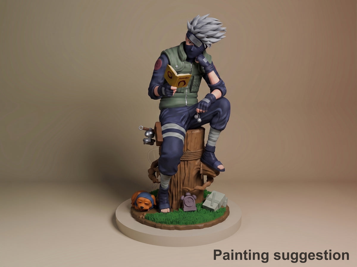 Painted Masked Ninja from Naruto resin figure is seated reading on a stump on a grassy base.