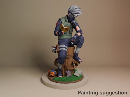 Kakashi Hatake resin figure painted in full color, perched on wooden log base with small dog figurine, neutral backdrop, three-quarter view.