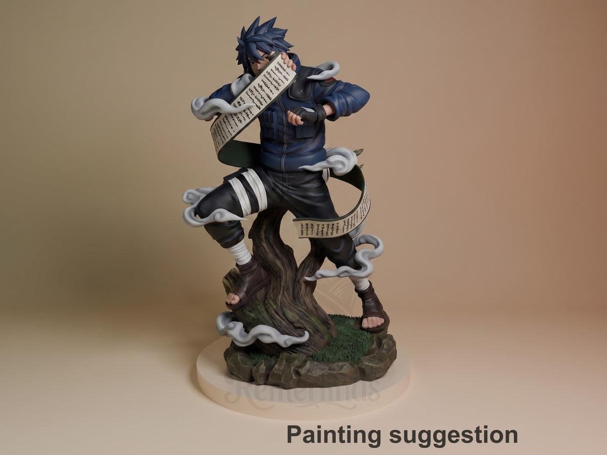 Painted Masked Ninja from Naruto resin figure poses on a sculpted tree base with scrolls and smoke.