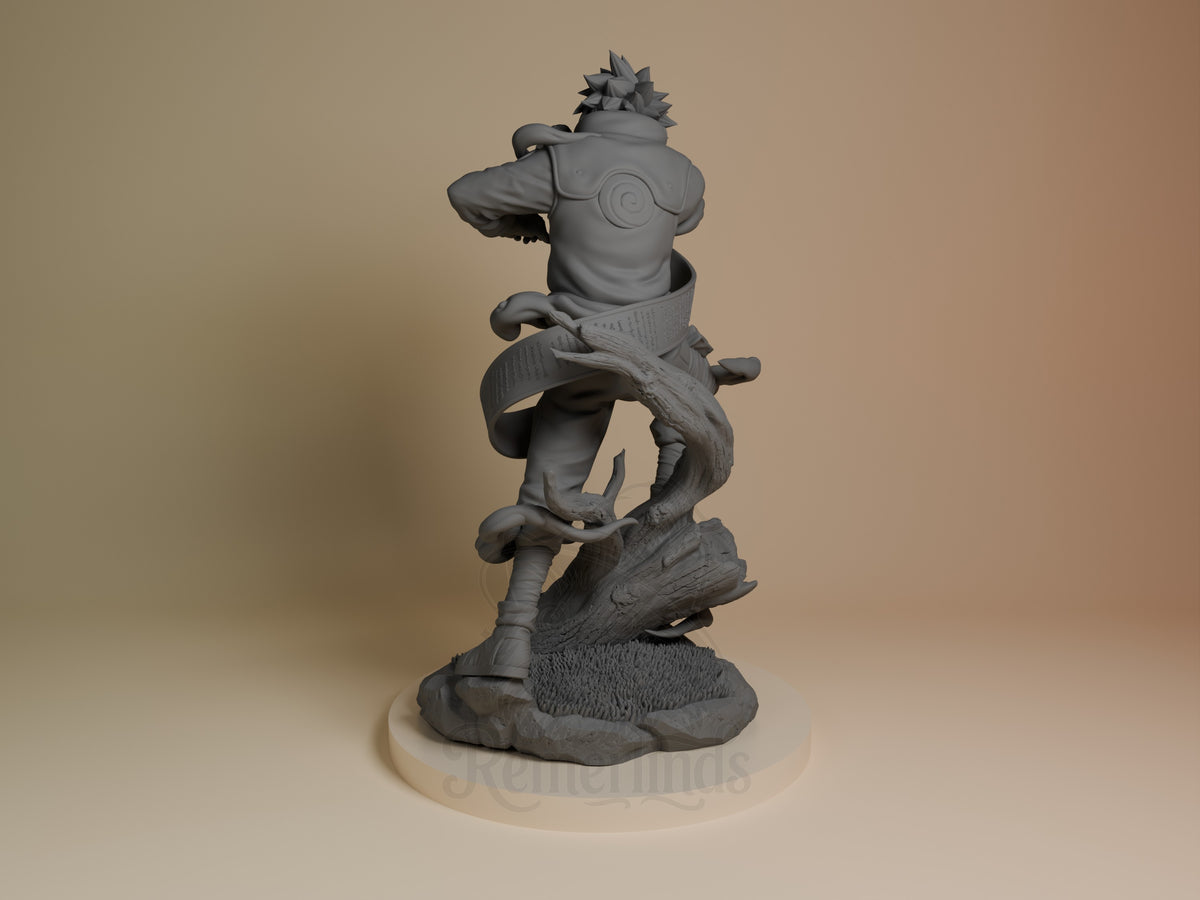 Unpainted resin figure of Masked Ninja from Naruto, rear-left pose on a sculpted tree base.