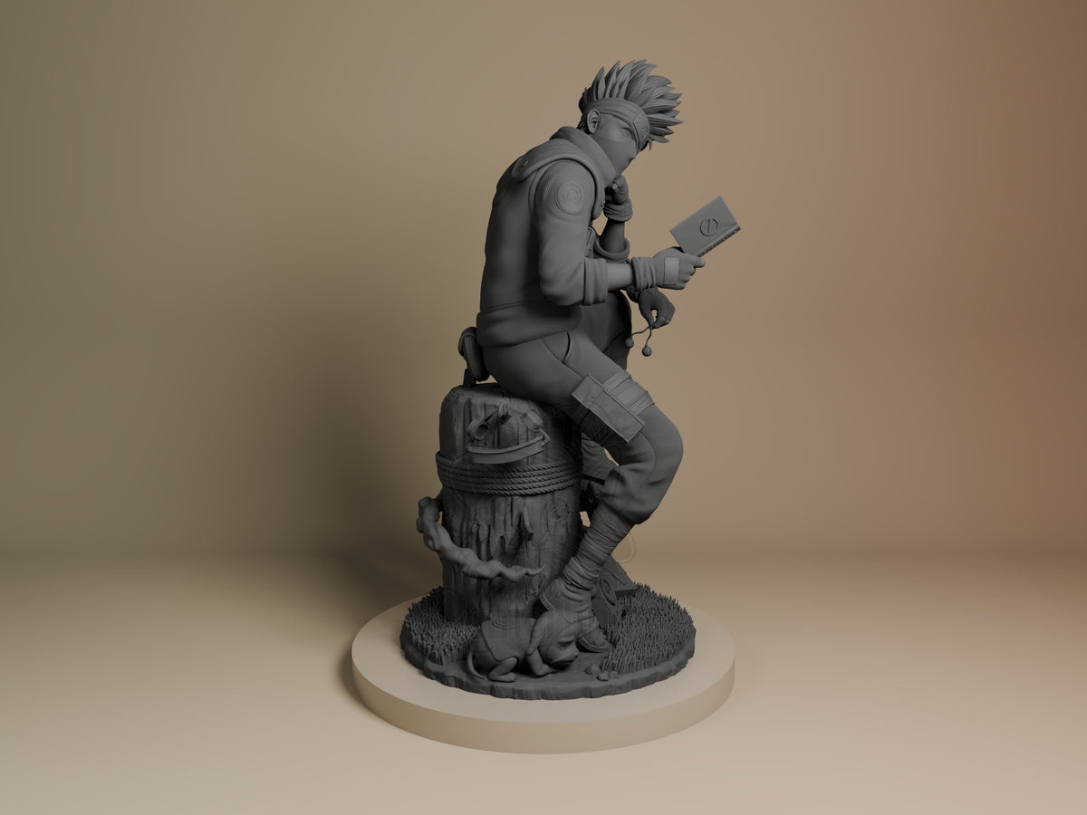 Masked Ninja from Naruto resin figure, unpainted and kneeling in right profile on a barrel base.