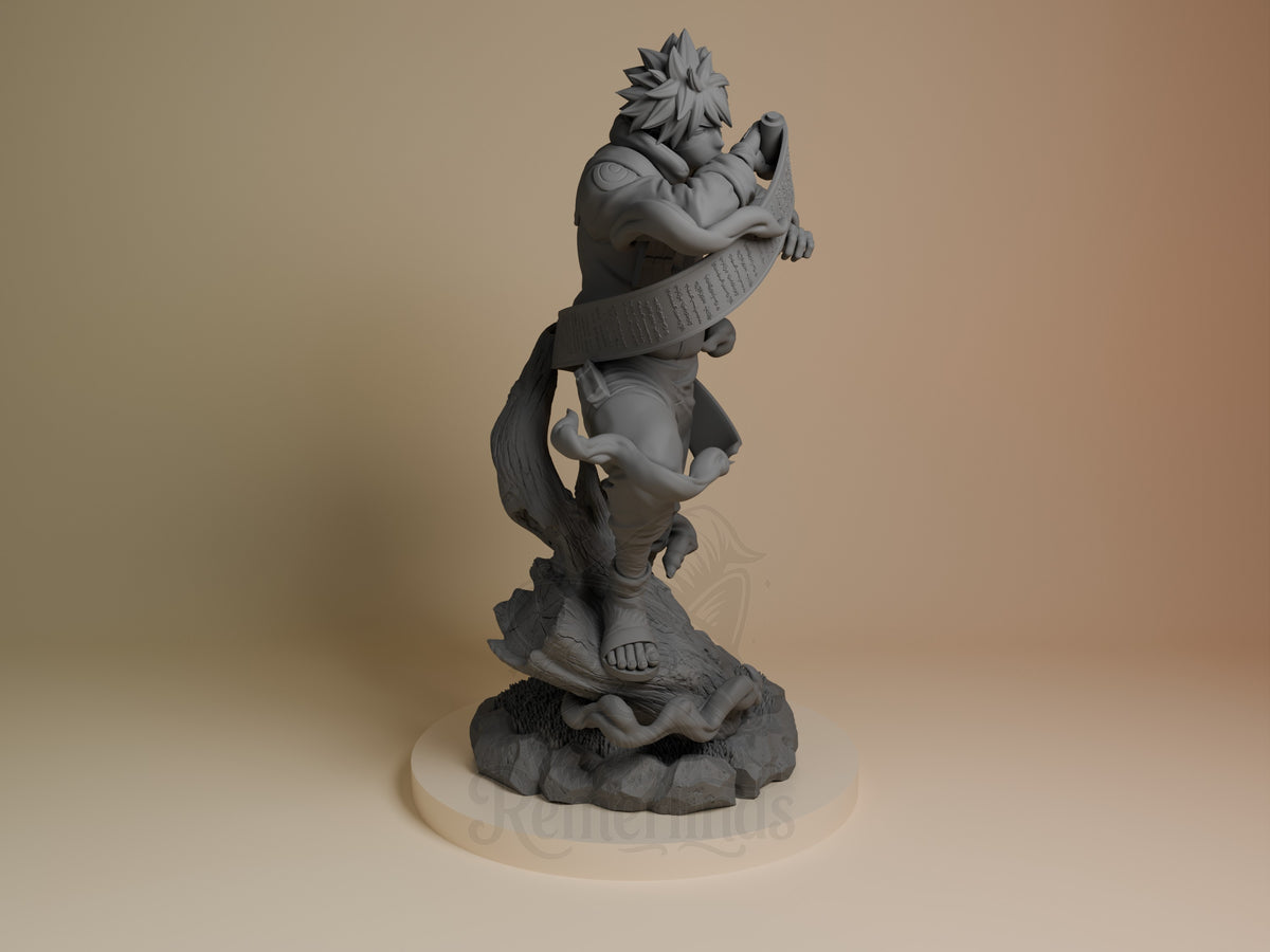 Right-side view of Masked Ninja from Naruto, an unpainted resin figure posed with a curved blade on a sculpted base.