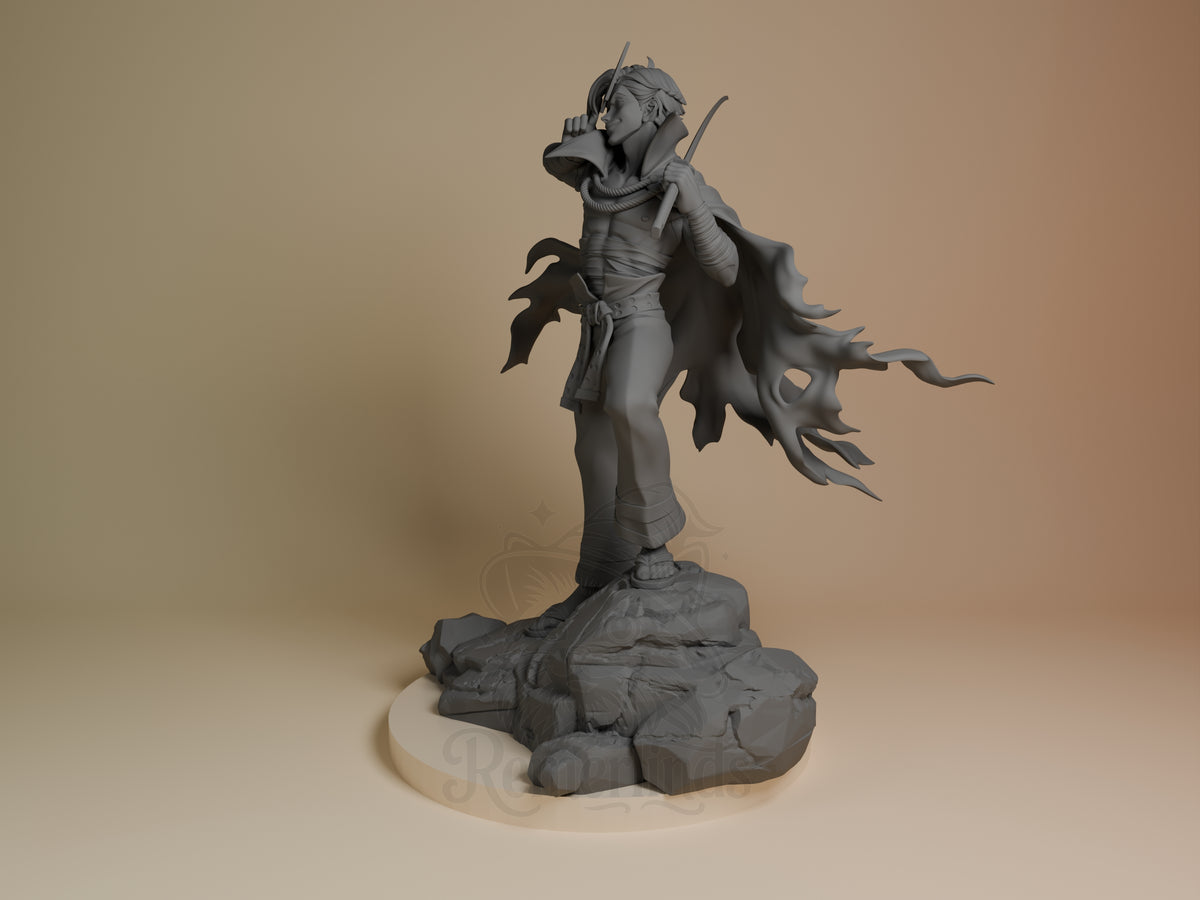 Kamina from Tengen Toppa Gurren Lagann, an angled unpainted resin figure with cape on a rocky base.