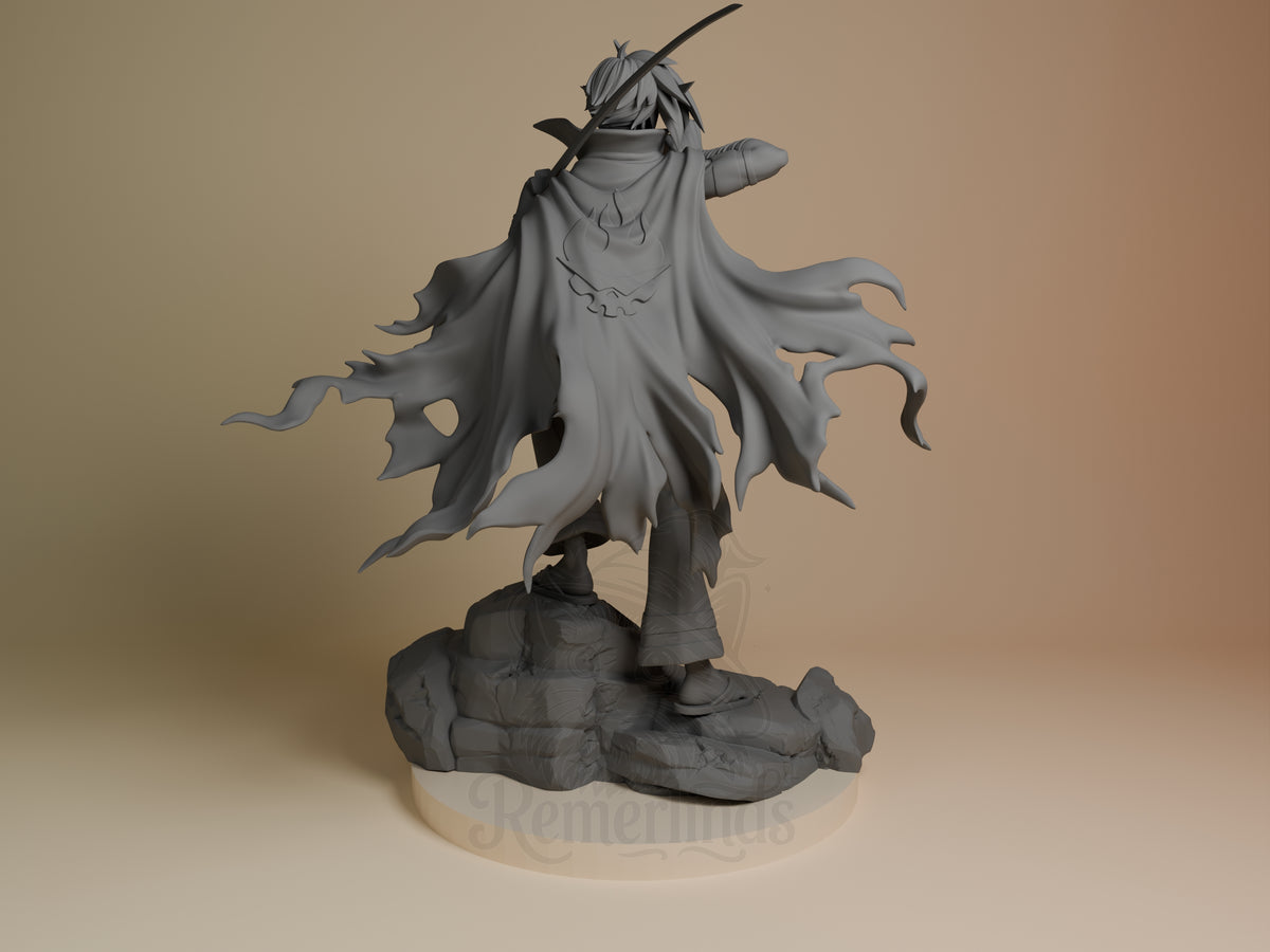Back view shows Kamina from Tengen Toppa Gurren Lagann, an unpainted resin figure on a rocky base.