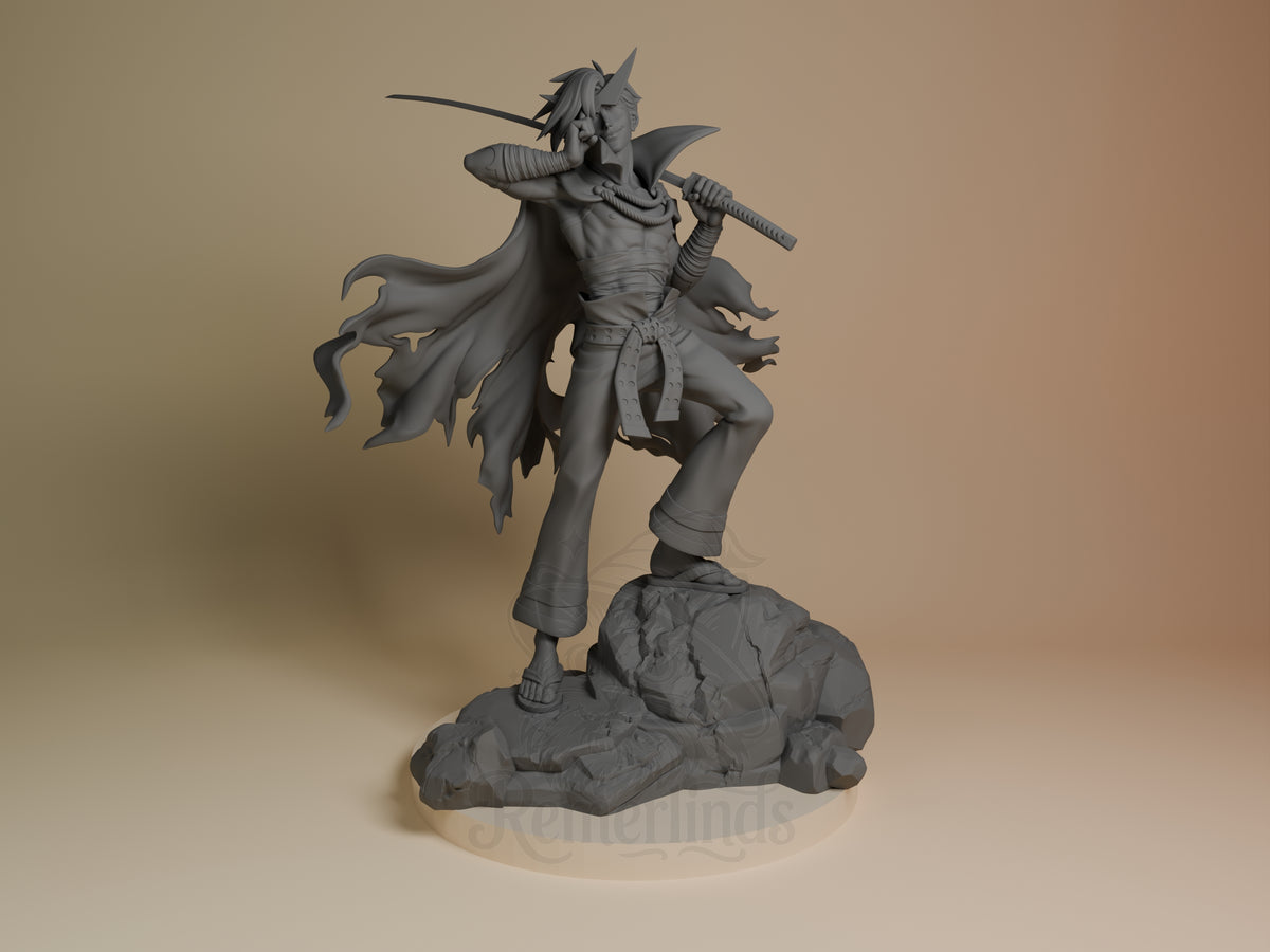 Front-angle unpainted Kamina resin figure from Tengen Toppa Gurren Lagann holds a sword on a rocky base.
