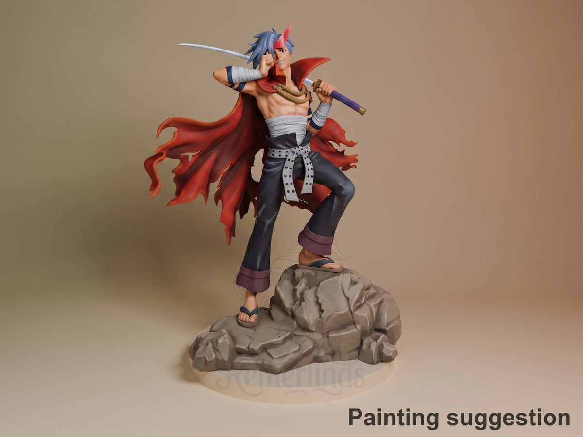 Painted Kamina from Tengen Toppa Gurren Lagann is a three-quarter resin figure posing with sword on a rocky base.
