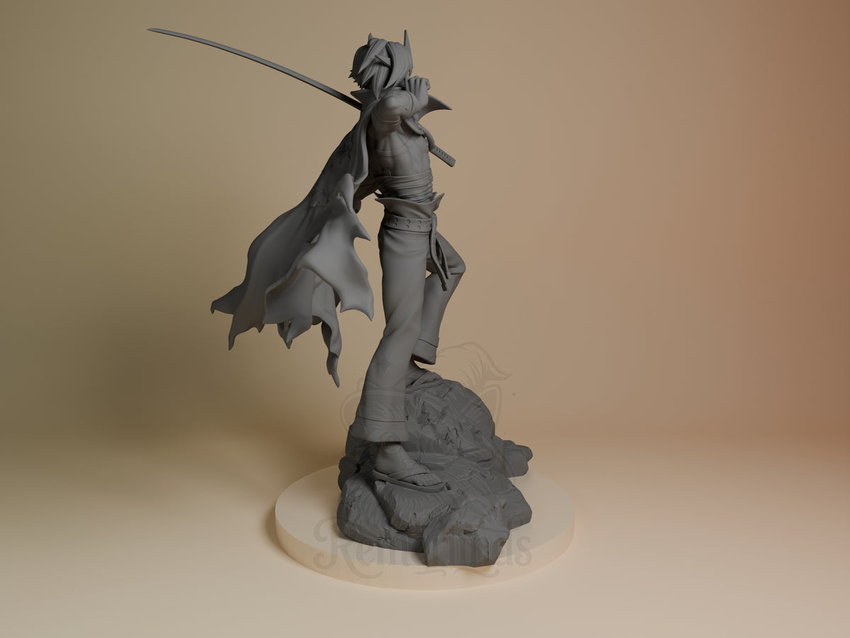 Right view shows Kamina from Tengen Toppa Gurren Lagann, an unpainted resin figure with sword and rocky base.