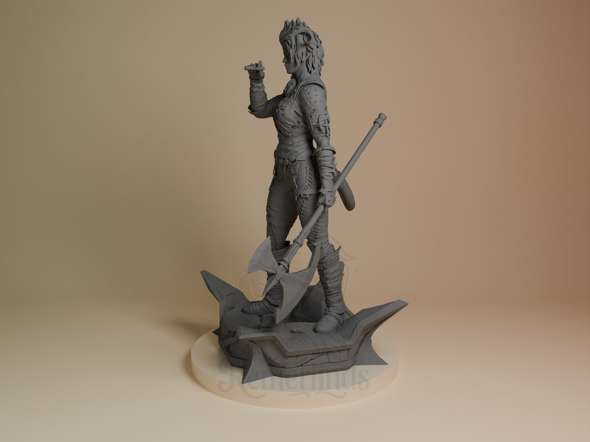 Karlach from Baldur's Gate resin figure shown unpainted in side view with axe and sculpted base.
