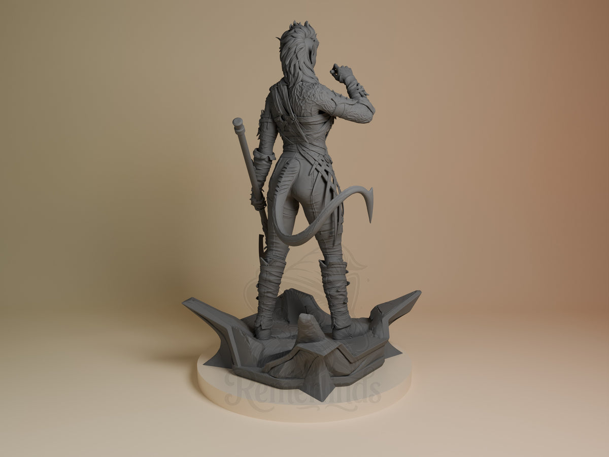 Back view of Karlach from Baldur's Gate, an unpainted resin figure showing tail and base.