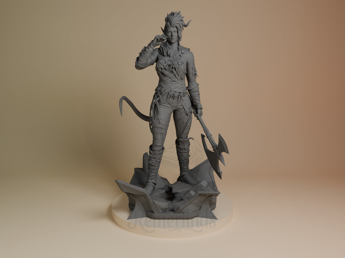 Front-view unpainted Karlach resin figure from Baldur's Gate, posed with an axe on a sculpted base.