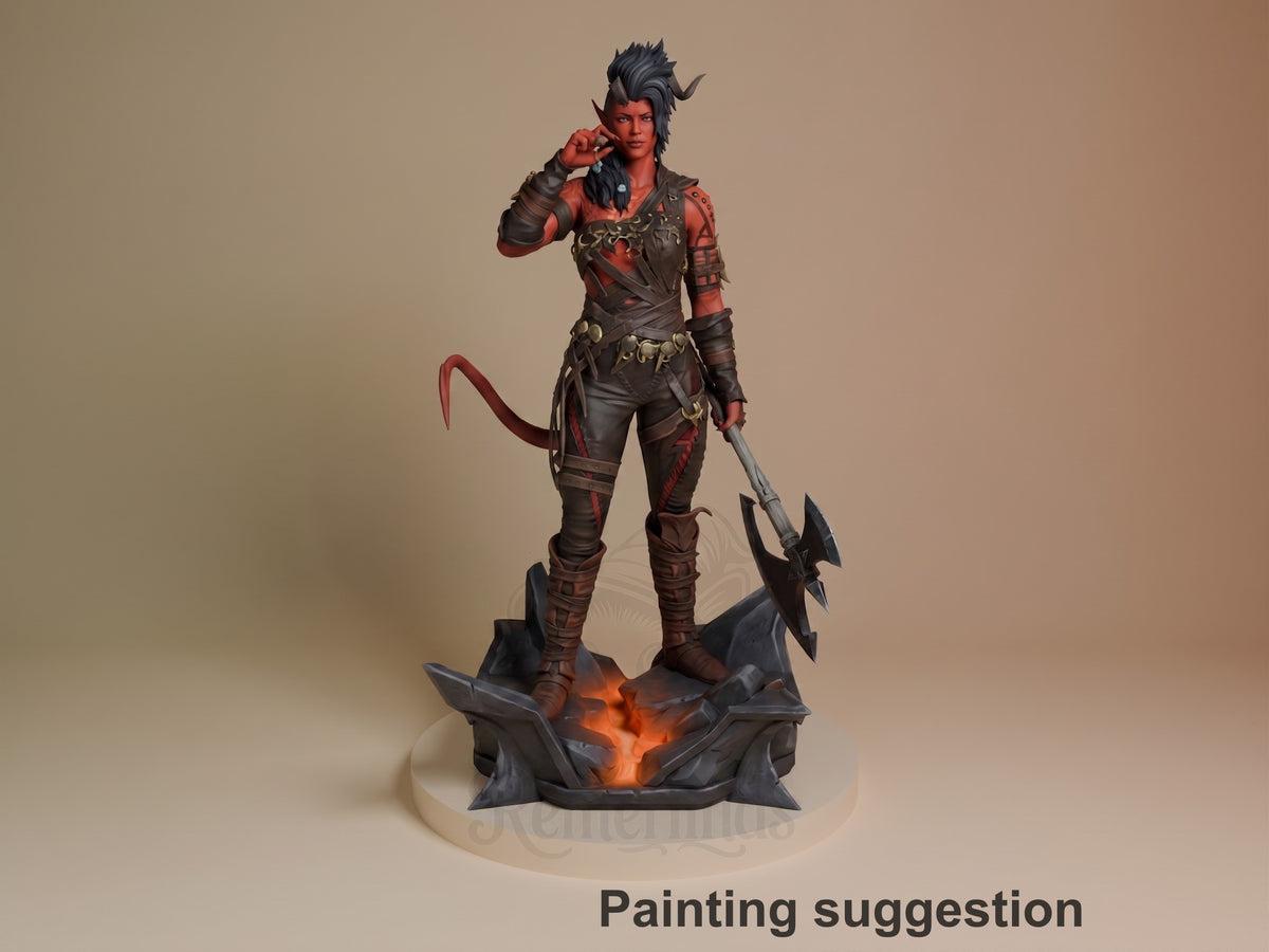 Karlach from Baldur's Gate is a painted resin figure holding an axe on a glowing rocky base.