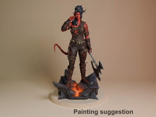 Karlach from Baldur's Gate is a painted resin figure holding an axe on a glowing rocky base.