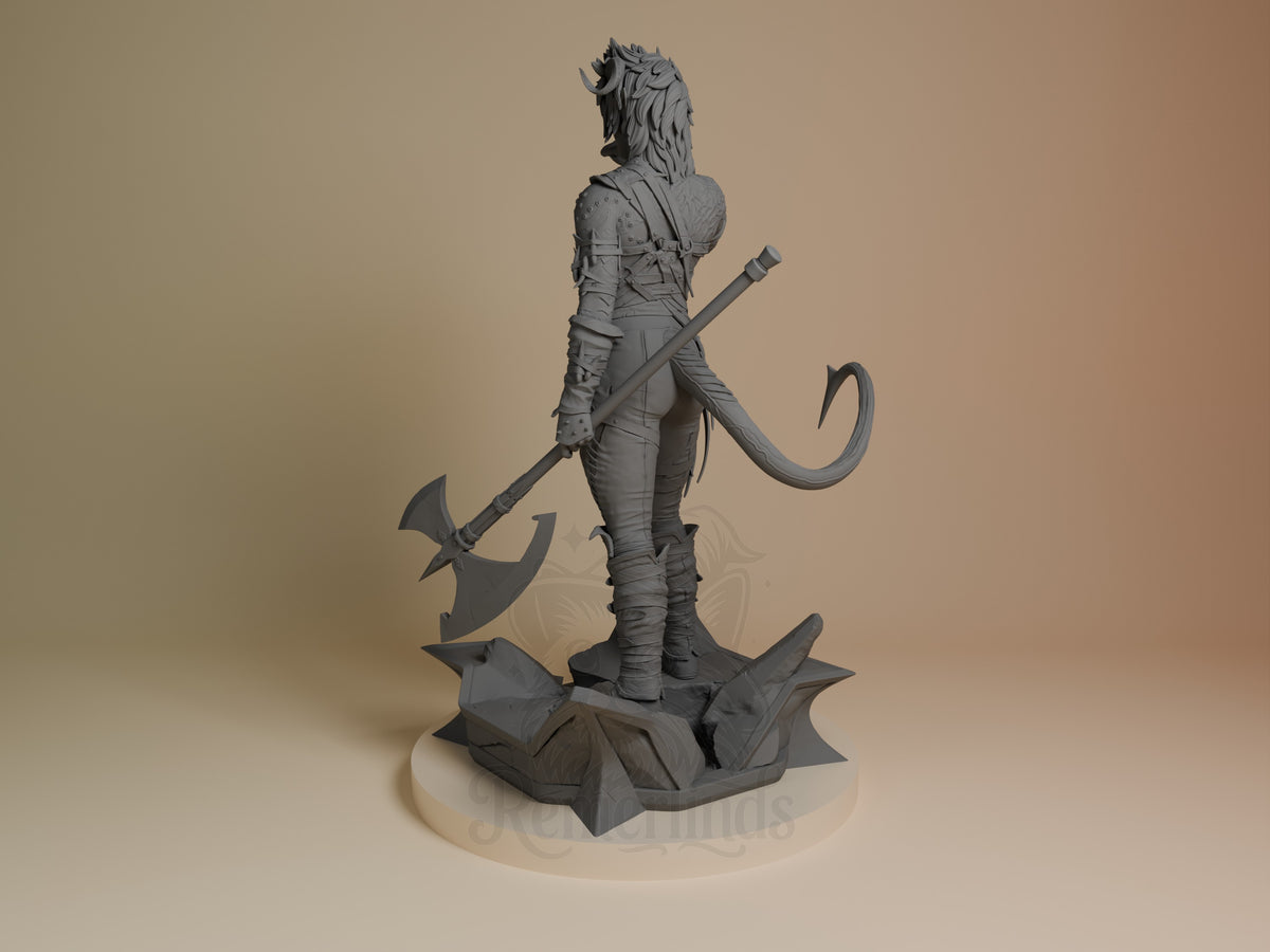 Karlach from Baldur's Gate is an unpainted resin figure, rear-facing with a polearm on a sculpted base.