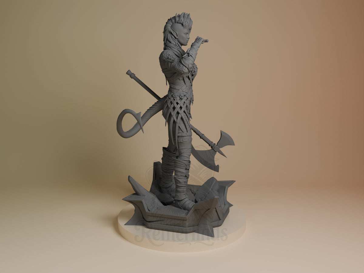 Karlach from Baldur's Gate is an unpainted resin figure in profile with tail, axe, and base.