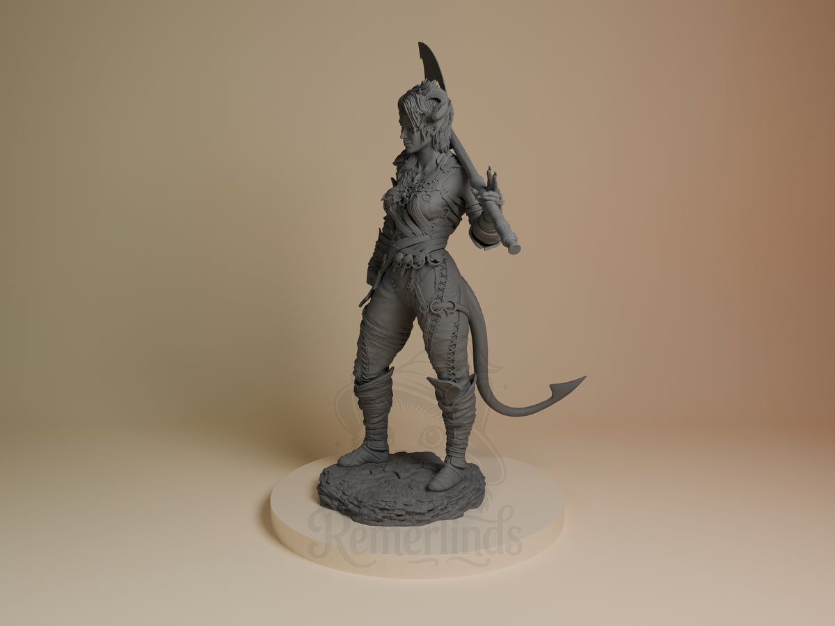 An angled, unpainted Karlach from Baldur's Gate resin figure holds a staff, with tail over a sculpted base.