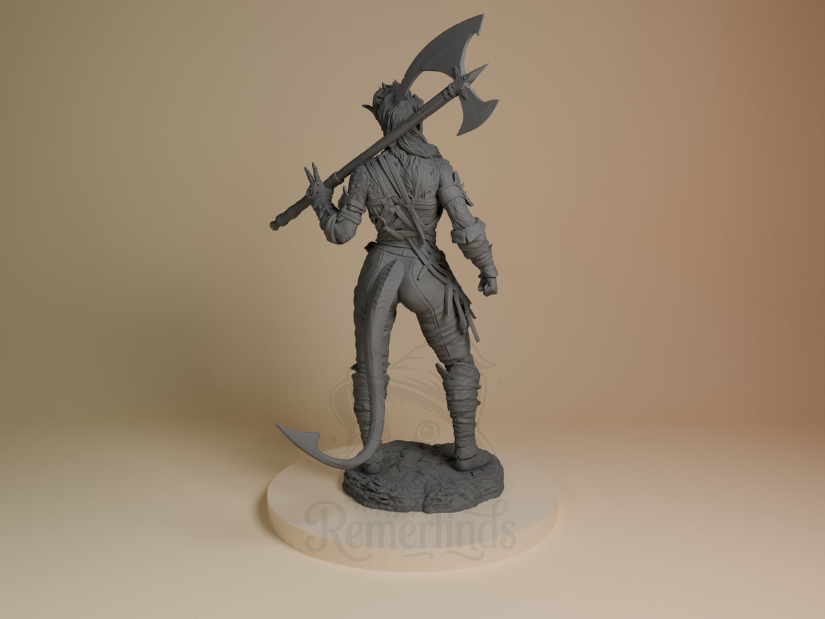 Back view of Karlach from Baldur's Gate, an unpainted resin figure with axe and tail on a sculpted base.