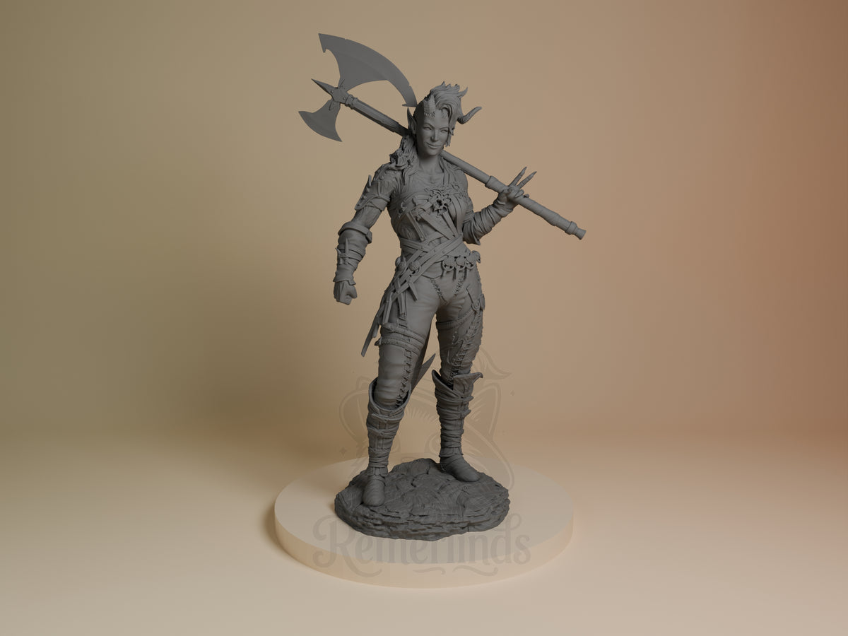 Front-facing Karlach from Baldur's Gate is an unpainted resin figure holding a double axe on a sculpted base.