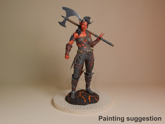 Karlach resin figure from Baldur's Gate 3, painted in red and brown tones, holding a large axe across her shoulders, standing on a lava base.