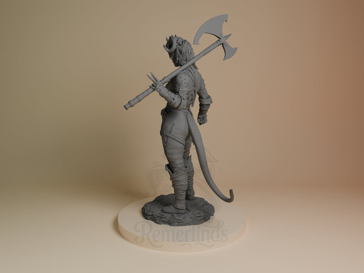 Karlach from Baldur's Gate is an unpainted resin figure with an axe and tail on a sculpted base.