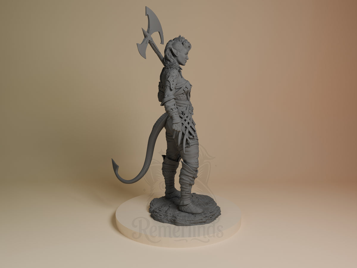 Karlach from Baldur's Gate stands in side profile as an unpainted resin figure with axe, tail, and sculpted base.