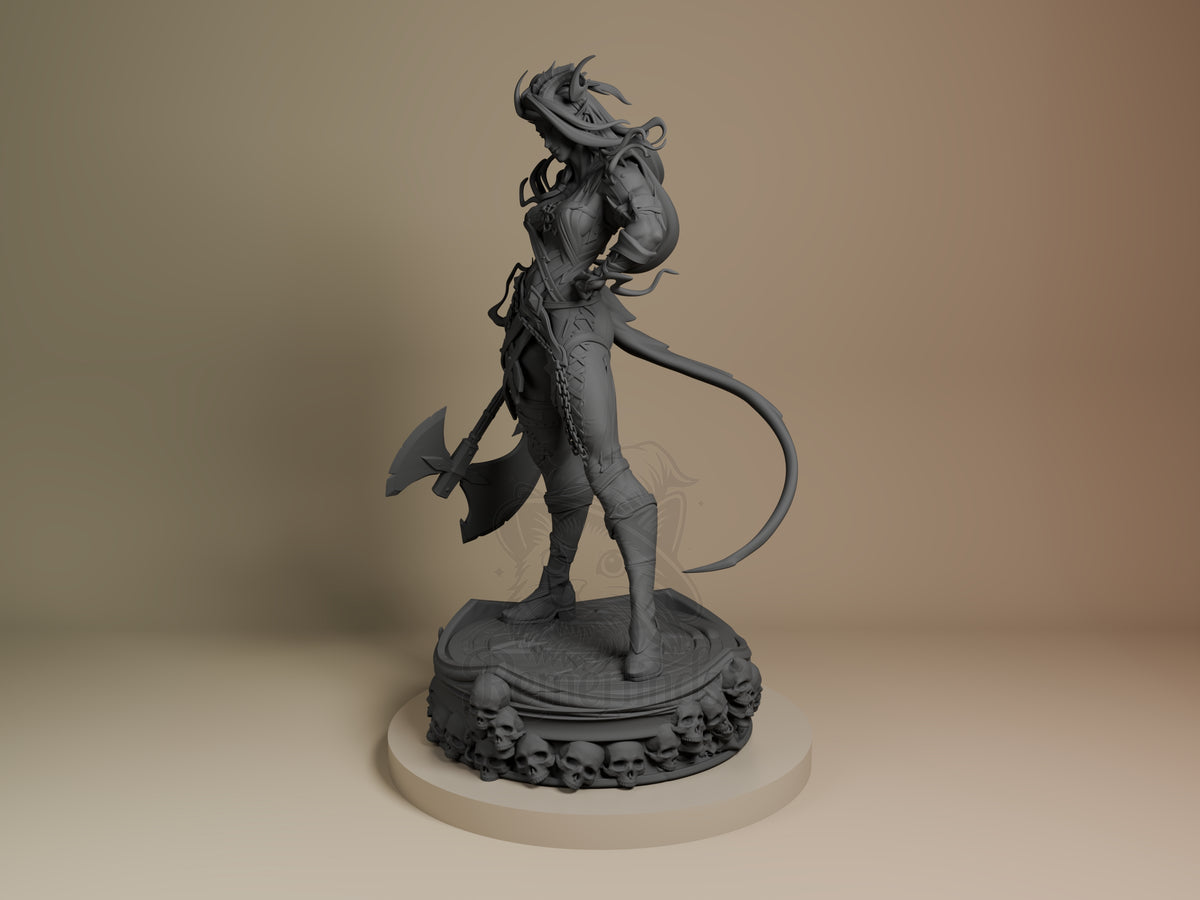 Karlach resin figure from Baldur's Gate in dynamic pose, unpainted gray, holding axe with tail extended, ornate skull-decorated base.