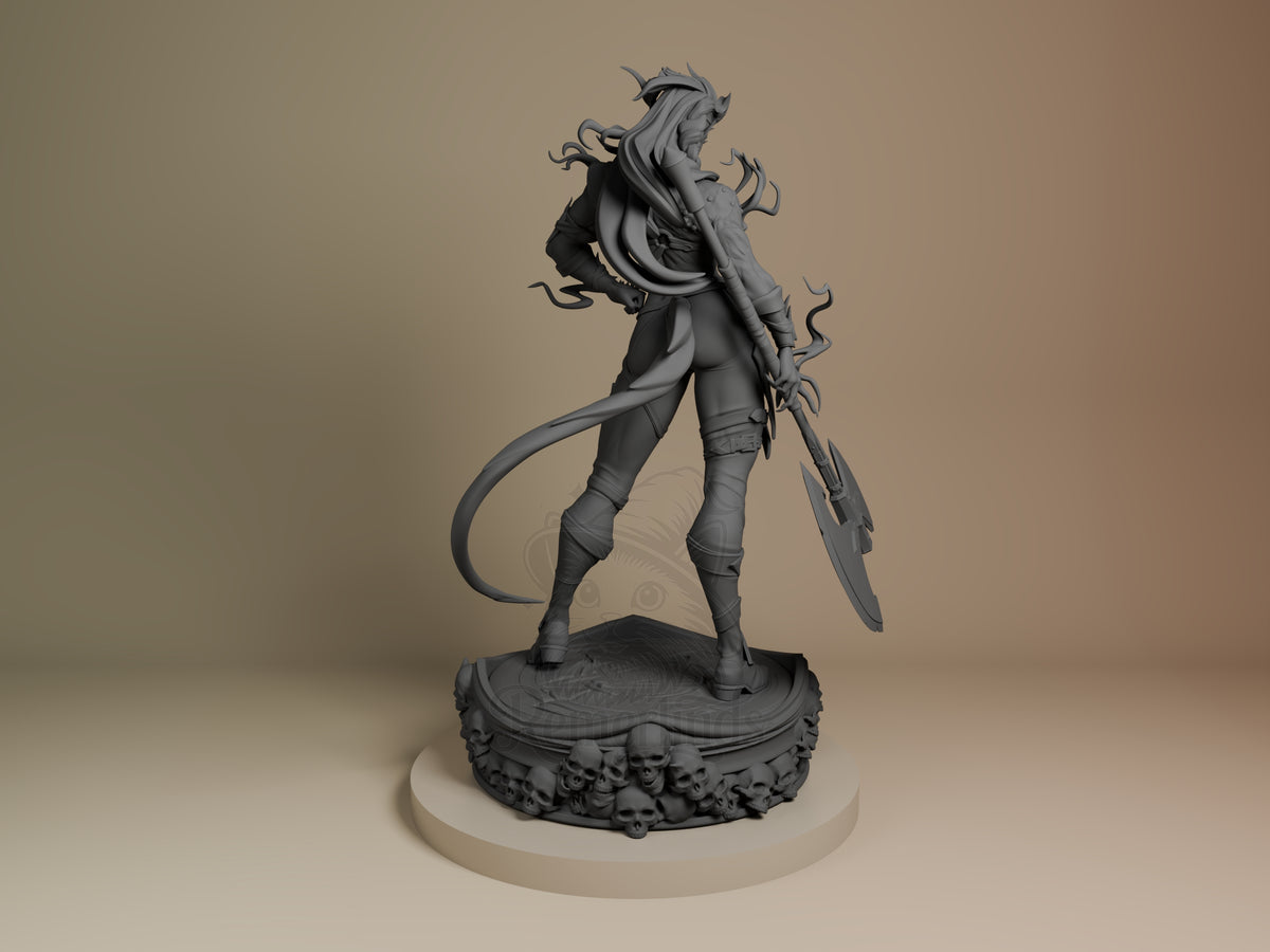 Karlach resin figure from Baldur's Gate, rear view showing flowing hair, tail, sword and dagger, unpainted gray resin on ornate base.