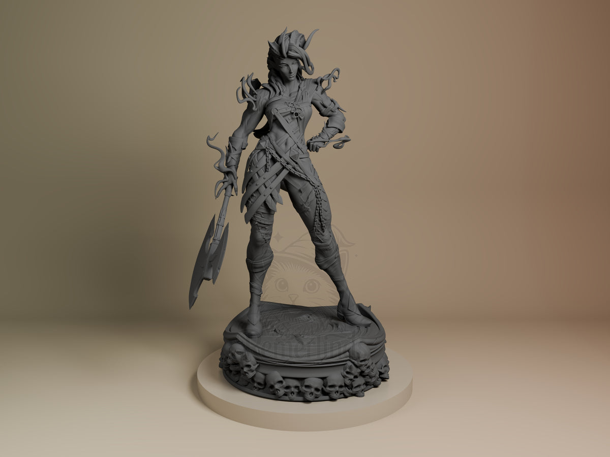 Karlach resin figure from Baldur's Gate 3, unpainted gray, posed standing with sword and infernal features, on ornate base, front view.