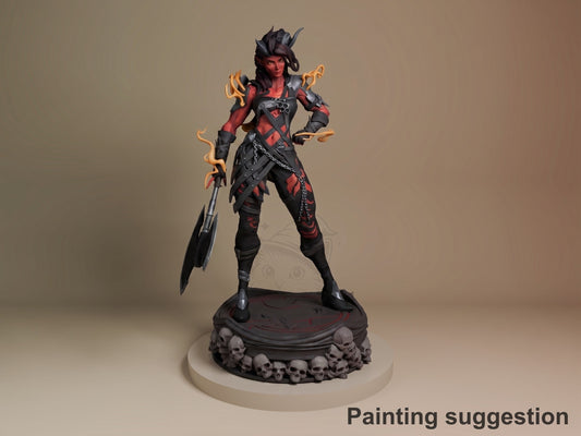 Painted resin figure of Karlach from Baldur's Gate standing in dynamic pose on skull-decorated base, holding flaming sword and gauntlets.