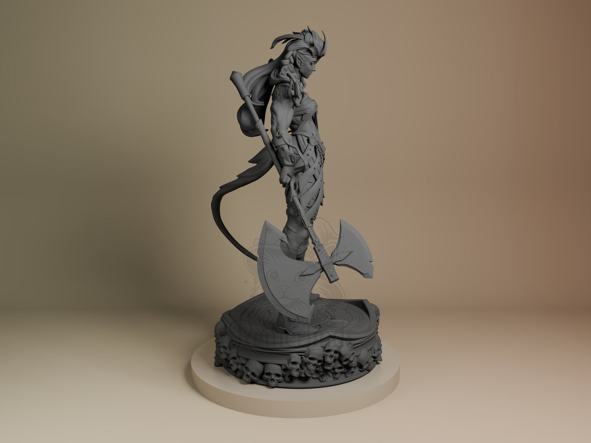 Karlach resin figure from Baldur's Gate in grey primer, posed dynamically on ornate base with axe and tail visible from right side angle.