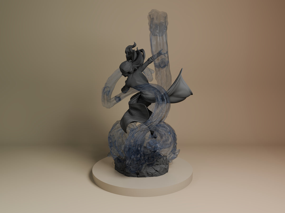 Side view shows Katara from Avatar: The Last Airbender as an unpainted resin figure with water effects and sculpted base.