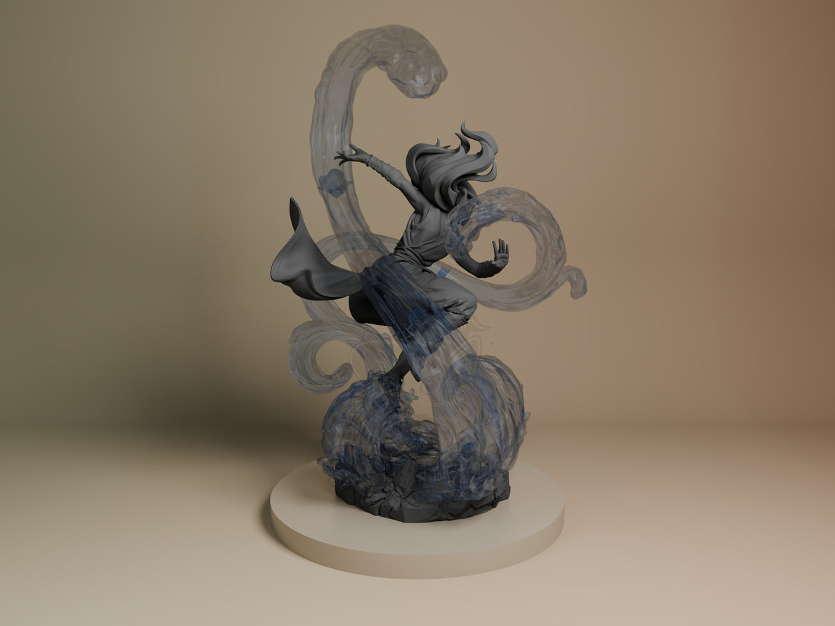 Back view shows Katara from Avatar: The Last Airbender, an unpainted resin figure posed amid swirling water on a sculpted fo.