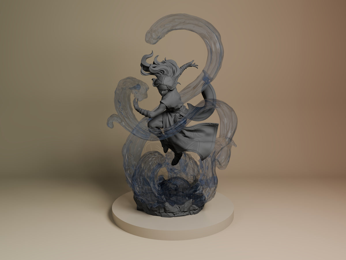 Front view shows Katara from Avatar: The Last Airbender, an unpainted resin figure on a sculpted water base.