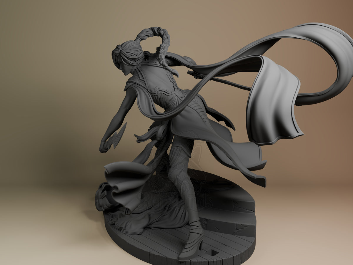 Unpainted Katarina from League of Legends resin figure shown at a side angle on a sculpted base.