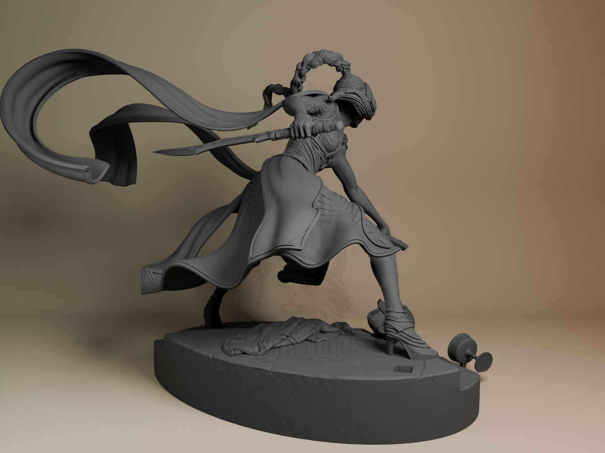Back view of unpainted Katarina from League of Legends resin figure lunging with a blade and scarf on a sculpted base.