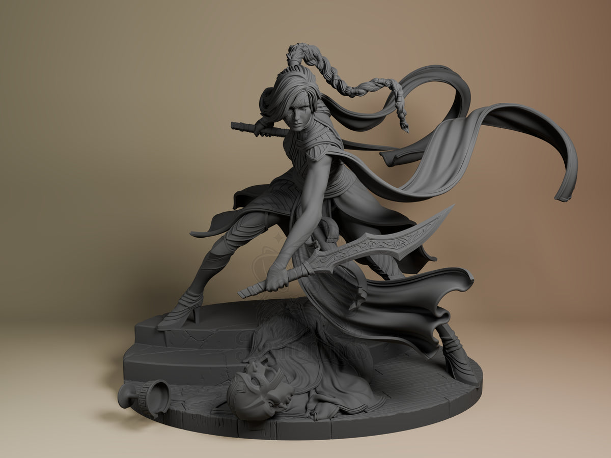 Katarina from League of Legends is an unpainted resin figure in a three-quarter pose with blades on a sculpted base.